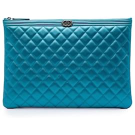 Chanel Blue Large Quilted Metallic Caviar Boy O Case Clutch