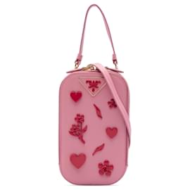 Borsetta per telefono satchel Prada Lux in Saffiano rosa decorata