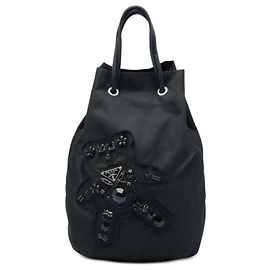 Borsa bucket da sera Prada in Tessuto nero con perline e coulisse motivo orso