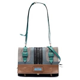 Graue Prada Etiquette Satchel aus multicolore Glace-Kalbsleder und Wildleder-Patchwork