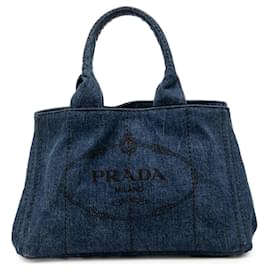 Borsa Tote Prada in Denim Blu Canapa Logo