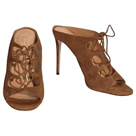 AQUAZZURA Schnür-Stiletto-Mules aus Wildleder in Cognacbraun EU 40.5