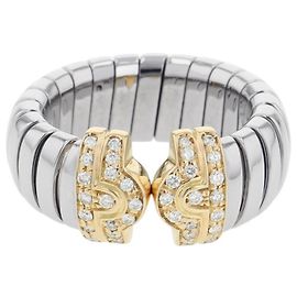 Bulgari Anello Bvlgari Tubogas in Oro Giallo 18K e Acciaio Inossidabile con Diamanti