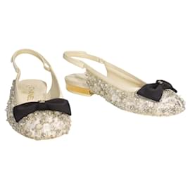 Décolleté slingback basse CHANEL crema impreziosite da perle e cristalli con fiocco CC intrecciato 35.5 - Chanel