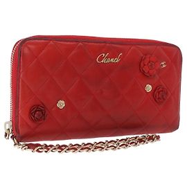 CHANEL Matelasse Camelia Lange Geldbörse aus Lammleder Rot Gold CC Auth bs36502