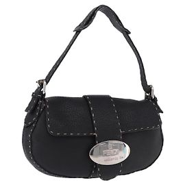 Bolso de hombro FENDI de cuero negro plata Auth 192479A