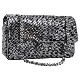 CHANEL Matelasse 25 Schultertasche mit Kette, Pailletten Silber CC Auth BA14607SM