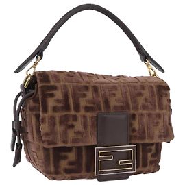 Borsa a tracolla FENDI Zucca Canvas Mamma Baguette Marrone Oro Auth 195343M