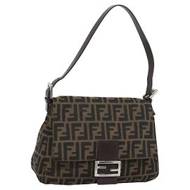 Bolsa de Ombro FENDI Zucca Canvas Mamma Baguette Brown Silver Auth BA14590V