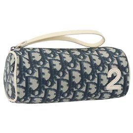 Pouch Christian Dior Trotter PVC Pelle Blu Bianco Auth 194167