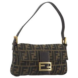 Borsa a tracolla FENDI Zucca Canvas Mamma Baguette Marrone Nero Auth 193422V