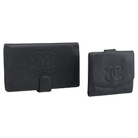 Portafoglio CHANEL Caviar Skin 2 Set Black CC Auth bs36692