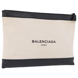 Borsa a pochette BALENCIAGA Navy Clip M Canvas White Black 373834 Auth ka5572