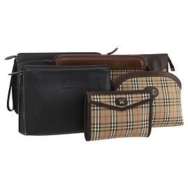 Borsa a Pochette Burberrys Nova Check Nylon Pelle Canvas 6 Set Beige Auth 190007
