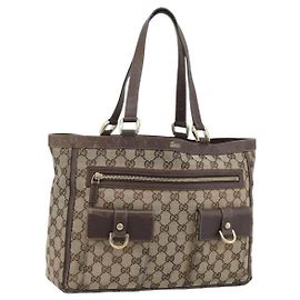 GUCCI GG Canvas Abbey Tote Bag Beige Gold Tone 146247 Auth ka5466