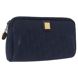Pouch Christian Dior Trotter Canvas Navy Gold Auth 191983A