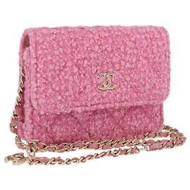 CHANEL Matelasse Chain Shoulder Pouch Tweed Pink Gold CC Auth 193594SAM
