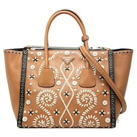 Borsa Prada con placca logo Triangle in marrone e bianco