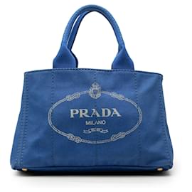 Borsa Tote Satchel Prada in tela Canapa con logo blu