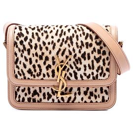 Borsa Solferino Saint Laurent Small in pelle di vitello beige con stampa leopardata con scatola