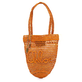 Chloé Borsa Tote Banana Estiva Piccola in Rafia con Logo Ricamato Arancione