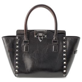 Valentino Rockstud Double Handle Tote, klein, aus schwarzem geknittertem Kalbsleder