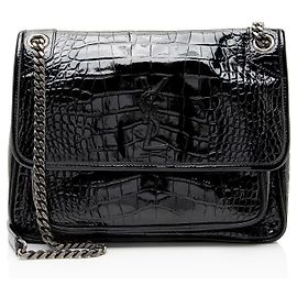 Bolso de hombro mediano Monogram Niki de piel lacada con relieve de cocodrilo Saint Laurent