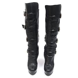 Über dem Knie Plateaustiefel für Damen aus schwarzem Leder mit Schnallen - Fendi