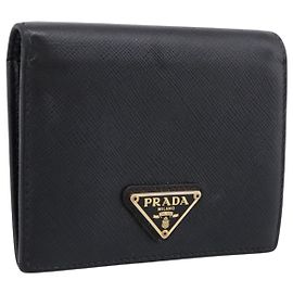 Portafoglio Compatto PRADA Pelle Safiano Nero Oro Auth 196043A