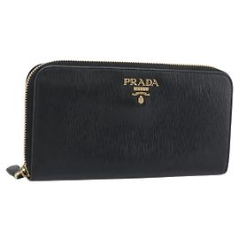 Cartera larga PRADA de piel Safiano Negro Oro Auth bs36755