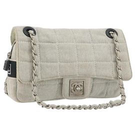 Borsa a catena CHANEL Sports Line Choco Bar in cotone grigio con CC argento Auth 194404A