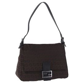 Bolso de hombro FENDI Zucchino Canvas Mamma Baguette Marrón Plata Auth 195389V