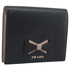 PRADA Bifold Wallet Safiano Leather Black Gold Auth bs36713A