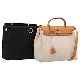 Zaino HERMES Herbag Ad PM Canvas Pelle Beige Silver Auth ka5642V - Hermès
