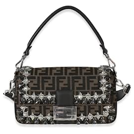 Borsa Baguette Fendi marrone in jacquard FF con strass e cristalli