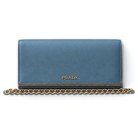 Prada Saffiano leather wallet in blue with gold chain