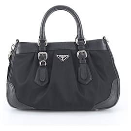 Saco de mão tote Prada Tessuto Nylon com logótipo triangular em couro