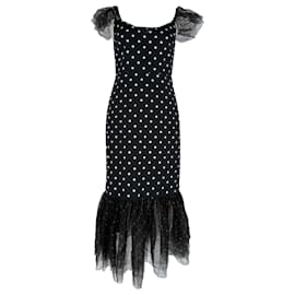 Vestido midi Staud de lunares con ribete de tul en algodón negro