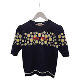 Kurzärmeliger Strickpullover in Navy mit Intarsia-Gänseblümchen - Miu Miu