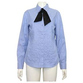 Gucci Camisa feminina de algodão com gola de laço plissada