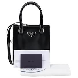 Borsa Tote piccola in pelle spazzolata con logo triangolare Nero - Prada