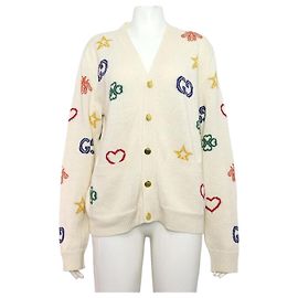 Gucci Cardigan unisex in jacquard con simboli, misto lino e cotone, colore avorio