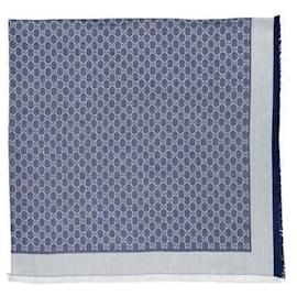 Gucci Sciarpa in misto lana e seta GG Bianco Blu