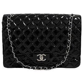 Chanel Classic Patent Leather Silver Tone Shoulder Bag Black