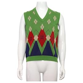 Herren-Strickweste aus Baumwolle mit Logo und grünem Argyle-Muster - Gucci