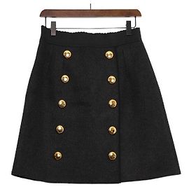 Dolce & Gabbana Falda elástica de lana color carbón con botones dorados para mujer