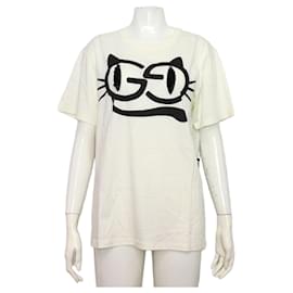 Camiseta de manga corta para mujer de algodón blanco con estampado de gato - Gucci