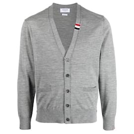 Merino Wool Cardigan with Three Stripes in Gray - Thom Browne