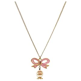 Collar CC de oro con perlas y cinta rosa - Chanel