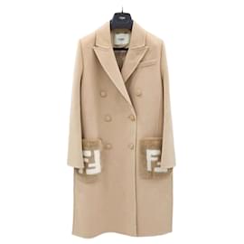 Double Face Wollmantel, gerade geschnitten, mit Taschen und Nerz-Details - Fendi